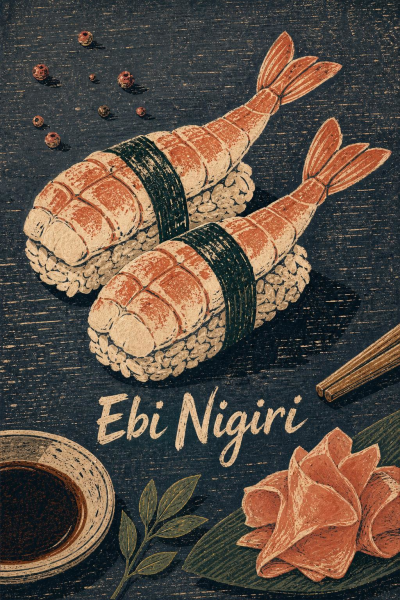 Ebi Nigiri Poster, Japanese Sushi Kitchen Wall Art, Scandinavian Linocut Decor