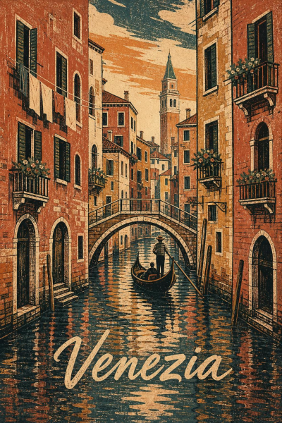 Venice Canal Poster, Vintage Italian Travel Art, Linocut Gondola Decor
