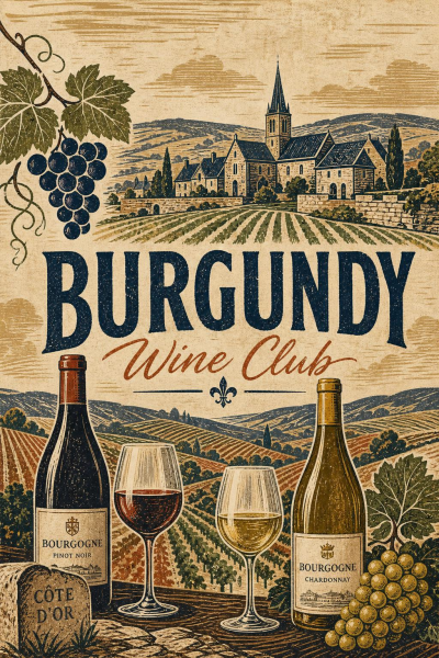Burgundy Wine Club Art Print, French Vineyard Wall Decor, Vintage Bar Poster