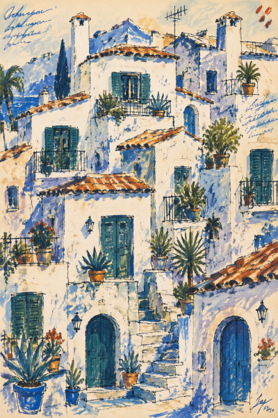 Mediterranean Village Wall Art, Coastal Architecture Matte Poster