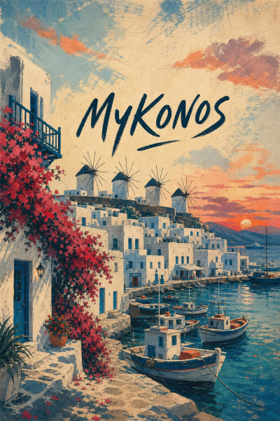 Mykonos Poster, Greek Island Travel Art, Mediterranean Coastal Decor