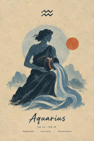 Aquarius Zodiac Poster, Vintage Astrology Wall Art, Water Bearer Decor