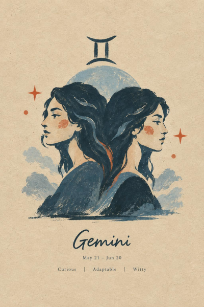 Gemini Zodiac Poster, Vintage Astrology Wall Art, Celestial Twin Decor