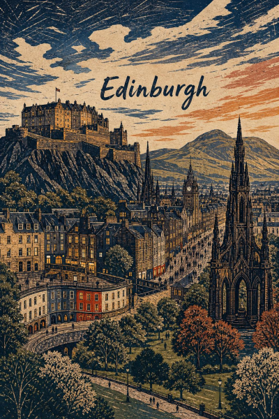 Edinburgh Poster, Vintage Scottish Cityscape Travel Art