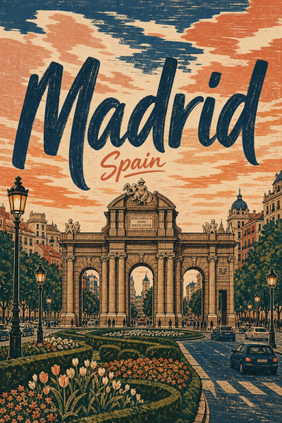 Madrid Travel Poster, Puerta de Alcalá Vintage Wall Art