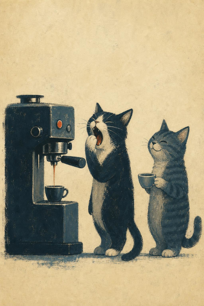 Coffee Cat Wall Art, Whimsical Espresso Machine Poster, Vintage Kitchen Decor