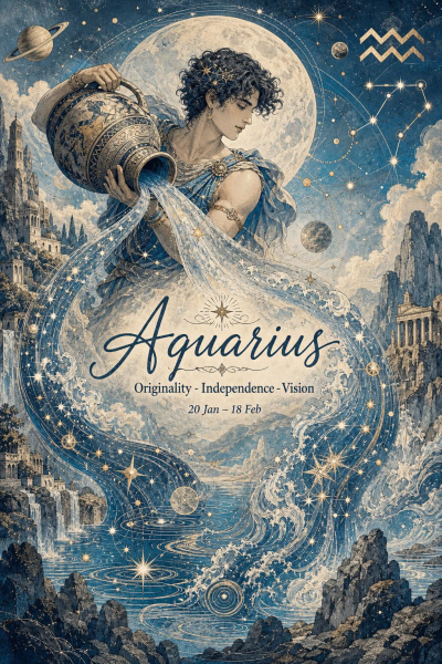 Aquarius Zodiac Poster, Celestial Water Bearer Astrology Wall Art