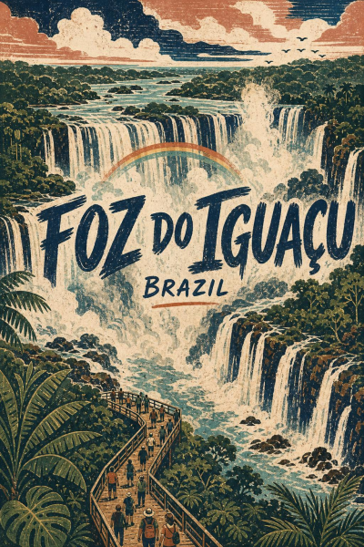 Foz do Iguaçu Poster, Vintage Brazil Travel Art, Waterfall Wall Decor
