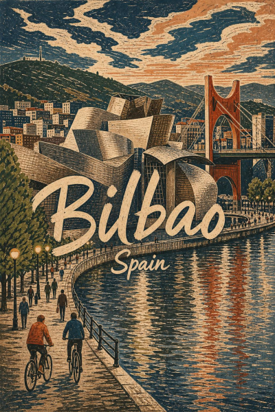 Bilbao Travel Poster, Guggenheim Museum Wall Art, Vintage Spain Decor