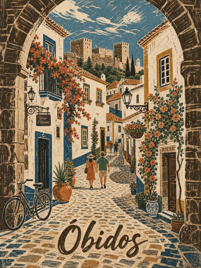 Óbidos Travel Poster, Portuguese Village Linocut Wall Art