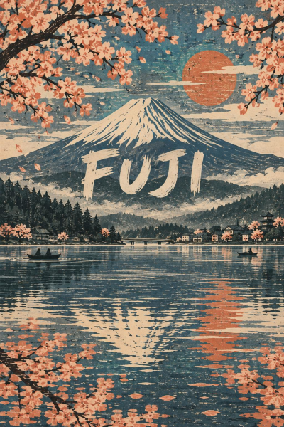 Mount Fuji Poster, Japanese Woodblock Art, Cherry Blossom Lake Decor