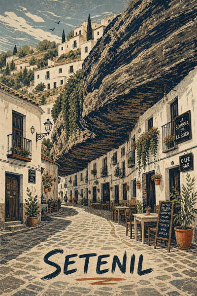 Setenil de las Bodegas Poster, Spanish Village Travel Art, Linocut Wall Decor