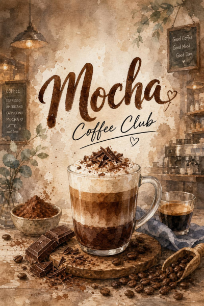 Mocha Coffee Club Wall Art, Kitchen Decor Print, Coffee Shop Poster