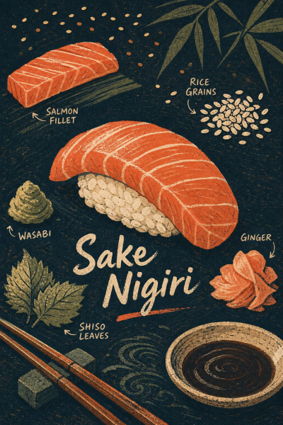 Salmon Nigiri Poster, Japanese Food Guide, Scandinavian Linocut Kitchen Art