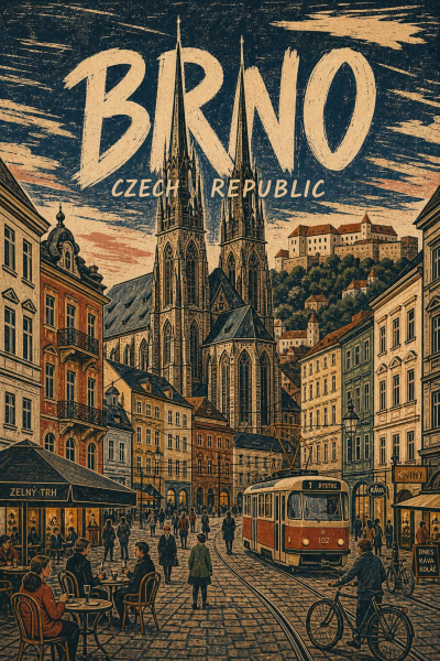Brno Travel Poster, Czech Republic Vintage City Wall Art