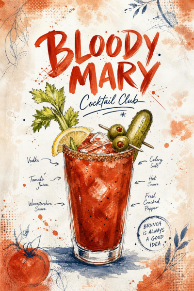 Bloody Mary Cocktail Art, Kitchen Wall Decor, Brunch Drink Recipe Print