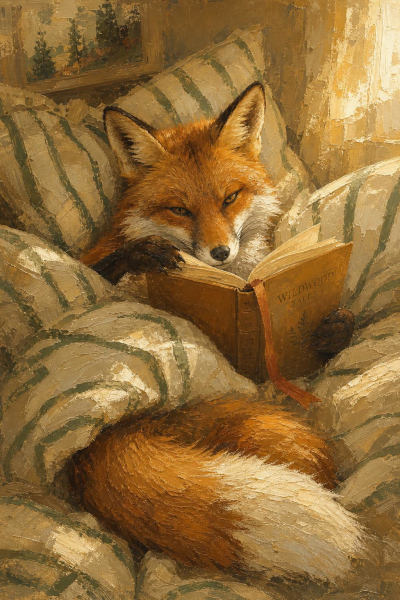 Reading Fox Wall Art, Cozy Woodland Book Lover Poster
