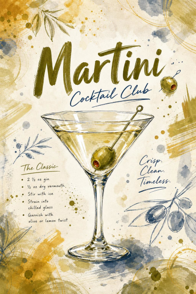 Martini Cocktail Club Wall Art, Classic Drink Recipe Print, Kitchen Bar Decor