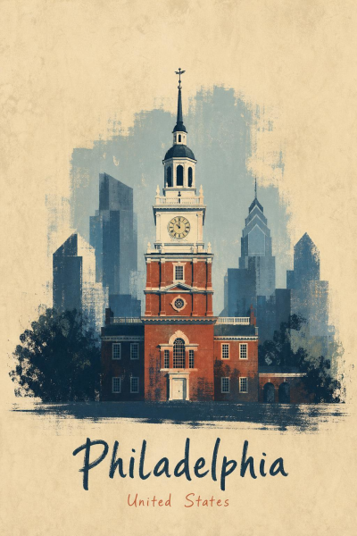 Philadelphia Wall Art, Independence Hall Cityscape, Vintage Travel Decor