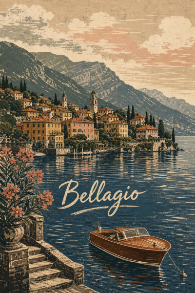 Bellagio Travel Poster, Lake Como Wall Art, Italian Riviera Decor