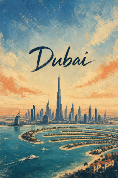 Dubai Travel Poster, Vintage UAE Skyline Art, Burj Khalifa Decor