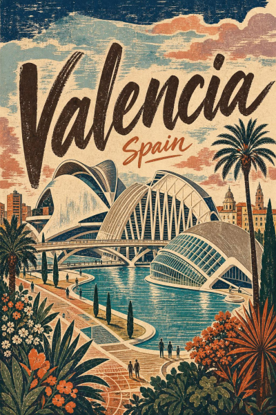 Valencia Travel Poster, Spain City of Arts Vintage Wall Art