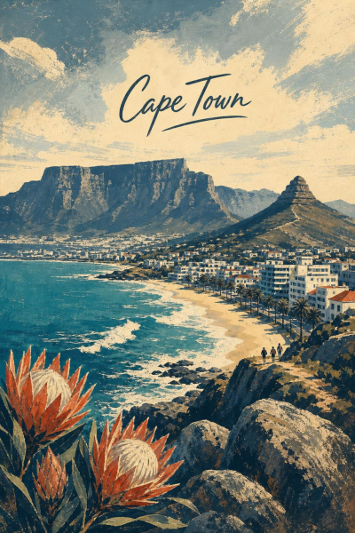 Cape Town Poster, Vintage South Africa Coastal Travel Art
