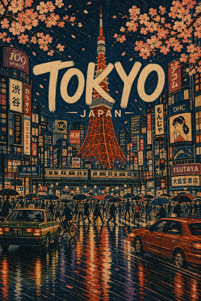 Tokyo Matte Poster, Japanese City Wall Art, Retro Travel Decor