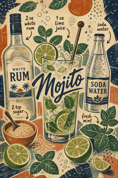 Mojito Recipe Poster, Scandinavian Linocut Cocktail Wall Art