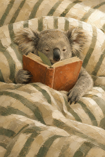 Reading Koala Wall Art, Cozy Animal Portrait, Storybook Nursery Decor