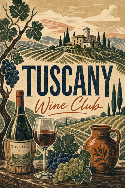 Tuscany Wine Club Poster, Italian Vineyard Wall Art, Vintage Travel Print