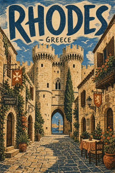 Rhodes Travel Poster, Vintage Greece Wall Art, Mediterranean City Decor