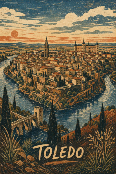 Toledo Spain Poster, Vintage Linocut Travel Art, Spanish City Wall Decor