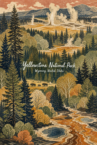 Yellowstone National Park Poster, Vintage Wyoming Travel Wall Art