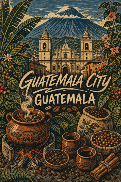 Guatemala City Poster, Vintage Coffee Travel Art, Guatemalan Kitchen Decor