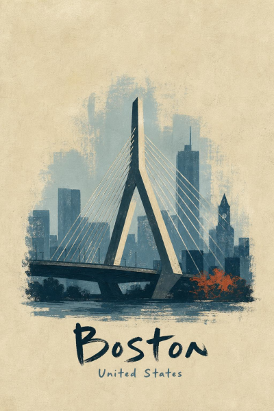 Boston Wall Art, Zakim Bridge Cityscape, Minimalist Travel Poster