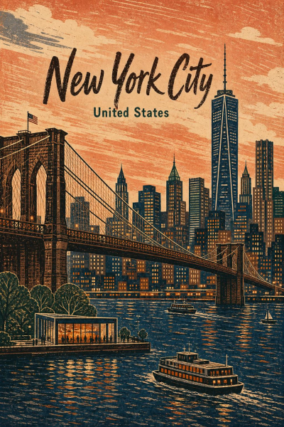 New York City Poster, Vintage Brooklyn Bridge Travel Art