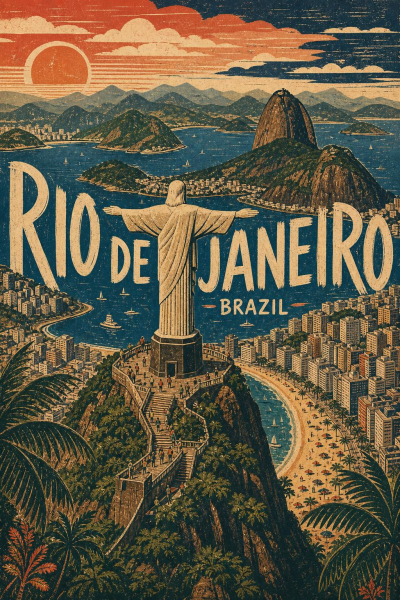 Rio de Janeiro Poster, Vintage Brazil Travel Art, Retro Coastal Decor