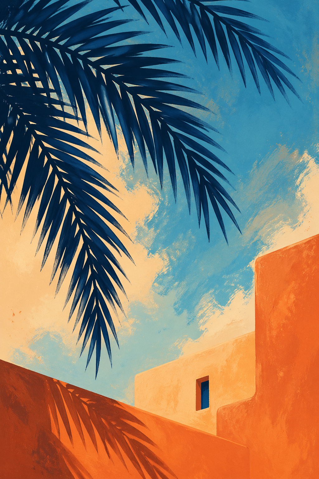 Dark palm fronds sweeping bright sky...