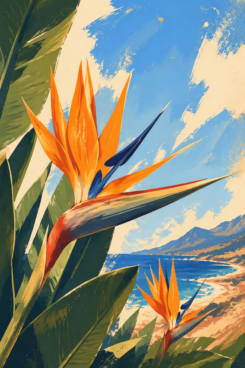 Bird of paradise orange blooms, oversized...