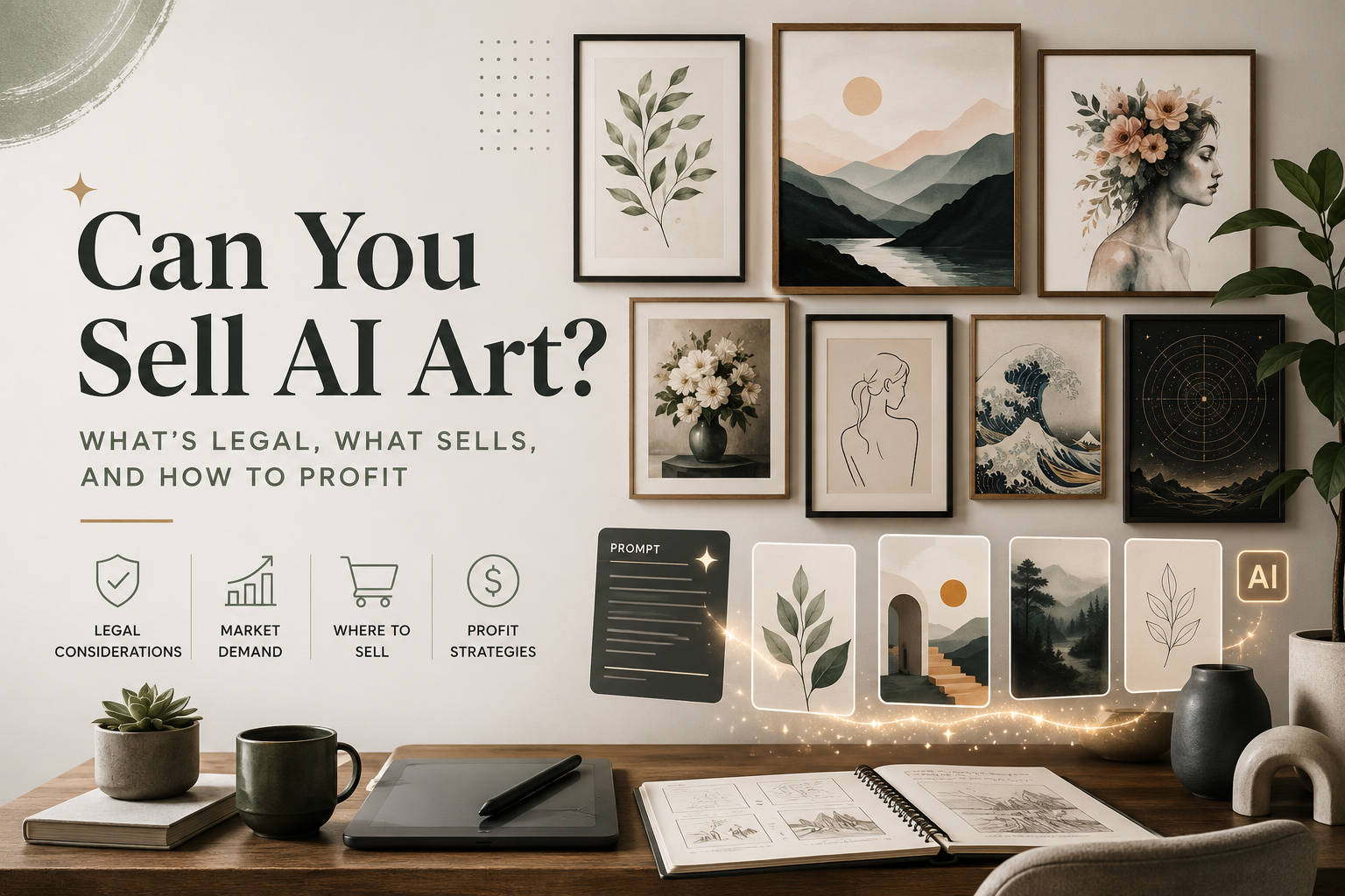 AI art commercial use guide cover showing sellable AI-generated artwork concepts for Etsy and print on demand sellers.