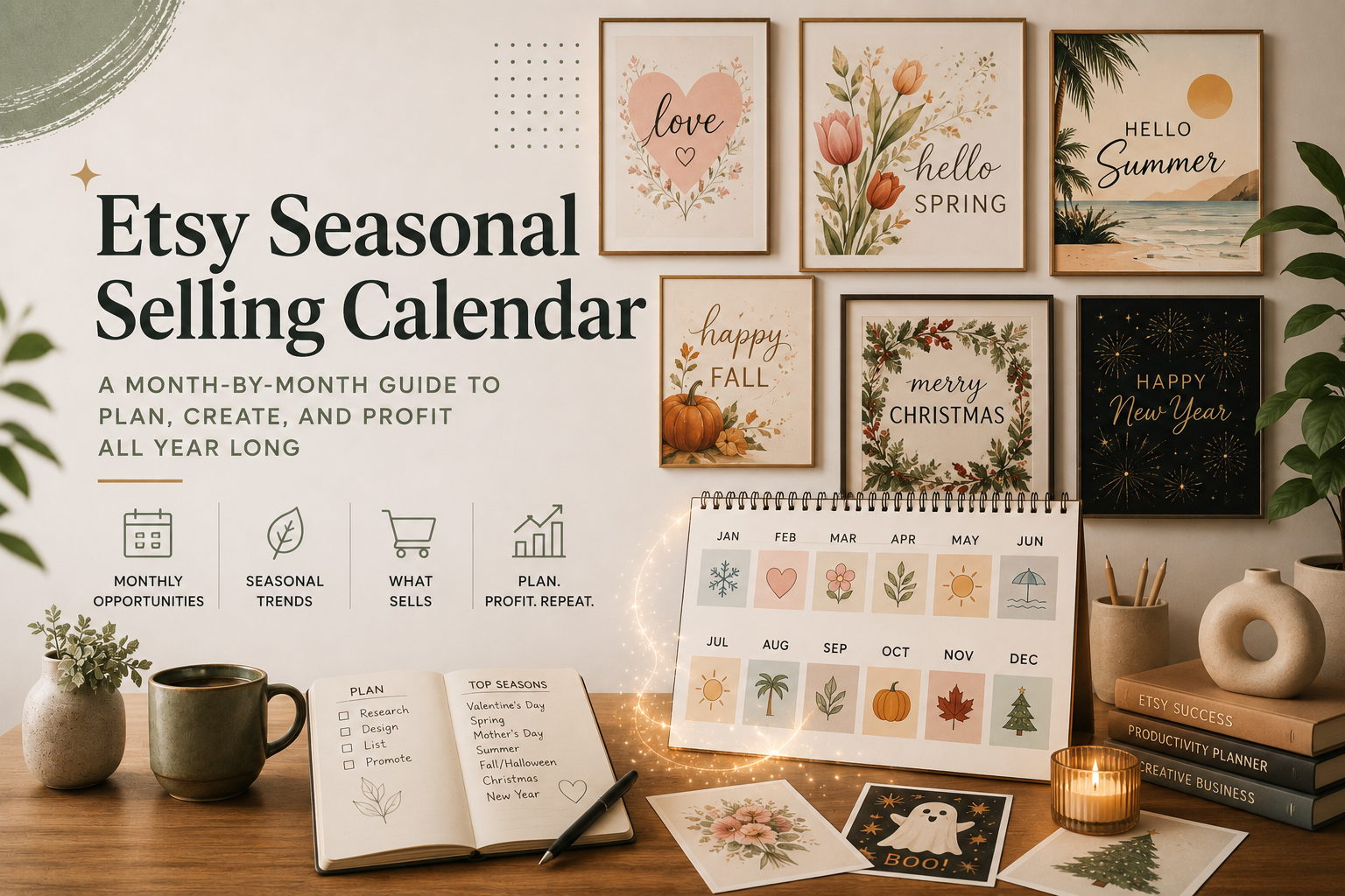 Etsy seasonal selling calendar cover for planning holiday, gift, and print on demand product launches throughout the year.