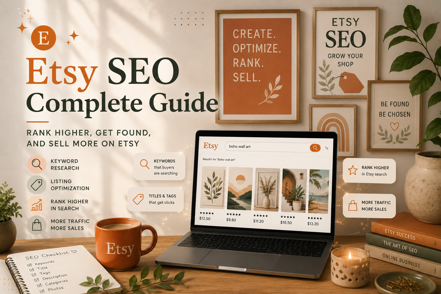 Cover image for an Etsy SEO guide showing search optimization, keywords, and ranking strategy for Etsy sellers.