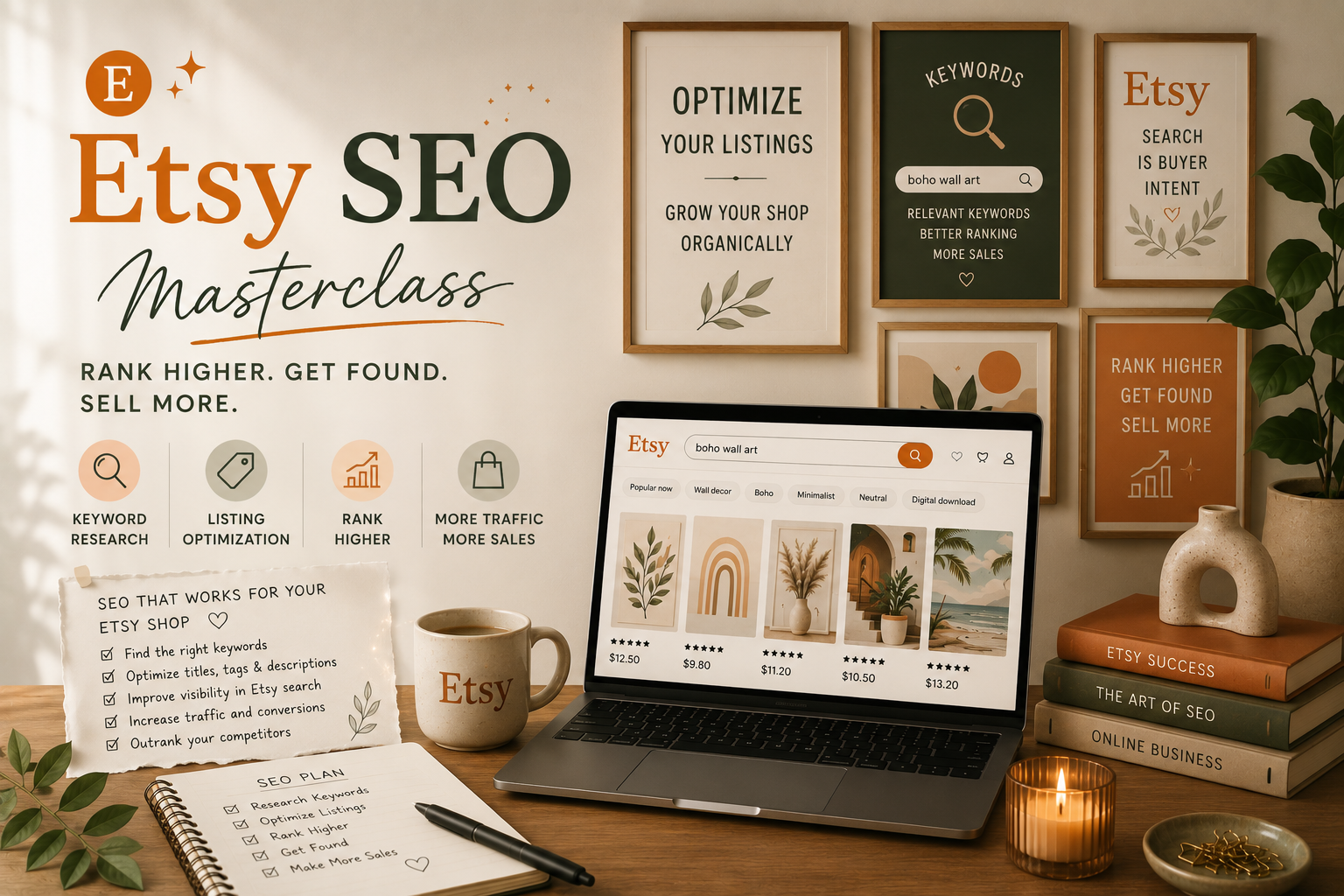Cover image for an advanced Etsy SEO guide showing ranking growth, keyword strategy, and listing optimization for Etsy sellers.