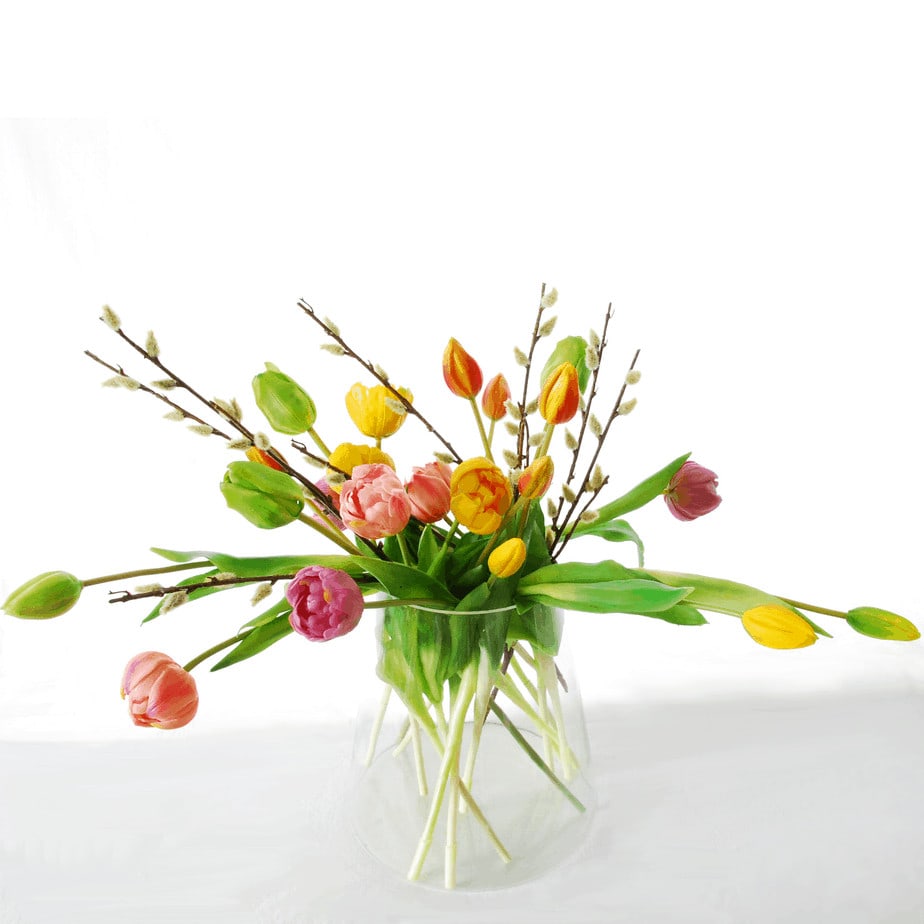 tulips lavender pink orange green yellow pussy willow