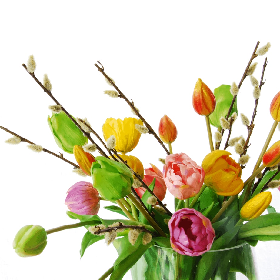 colourful bunch tulips pussy willow detail 2