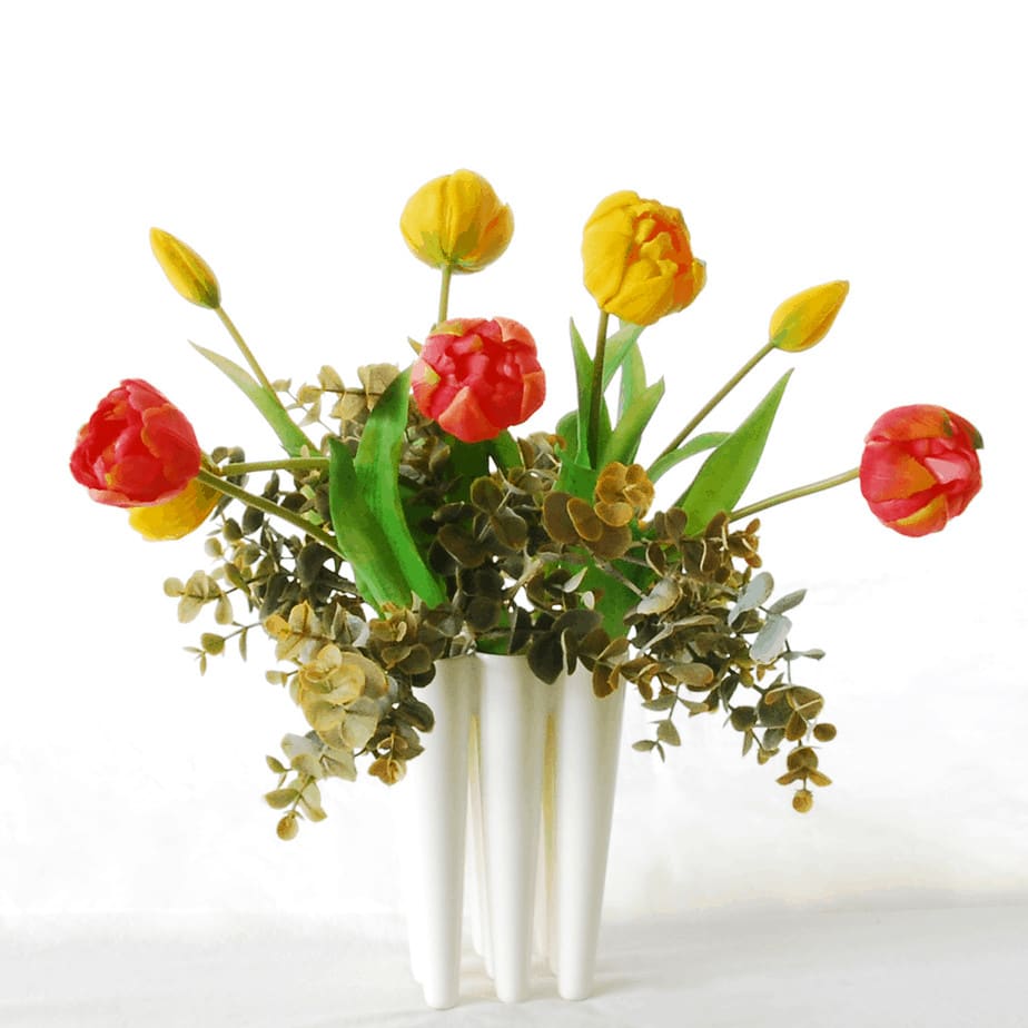 Peony tulip pink yellow eucalyptus tall