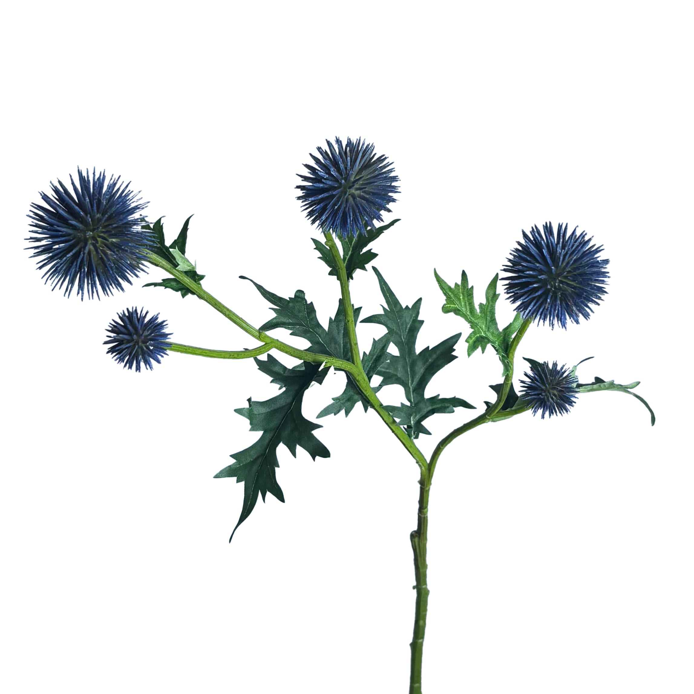 Kunstbloem distel blauw 70cm FlowerDutchess volledige tak met vijf bloemen op witte achtergrond