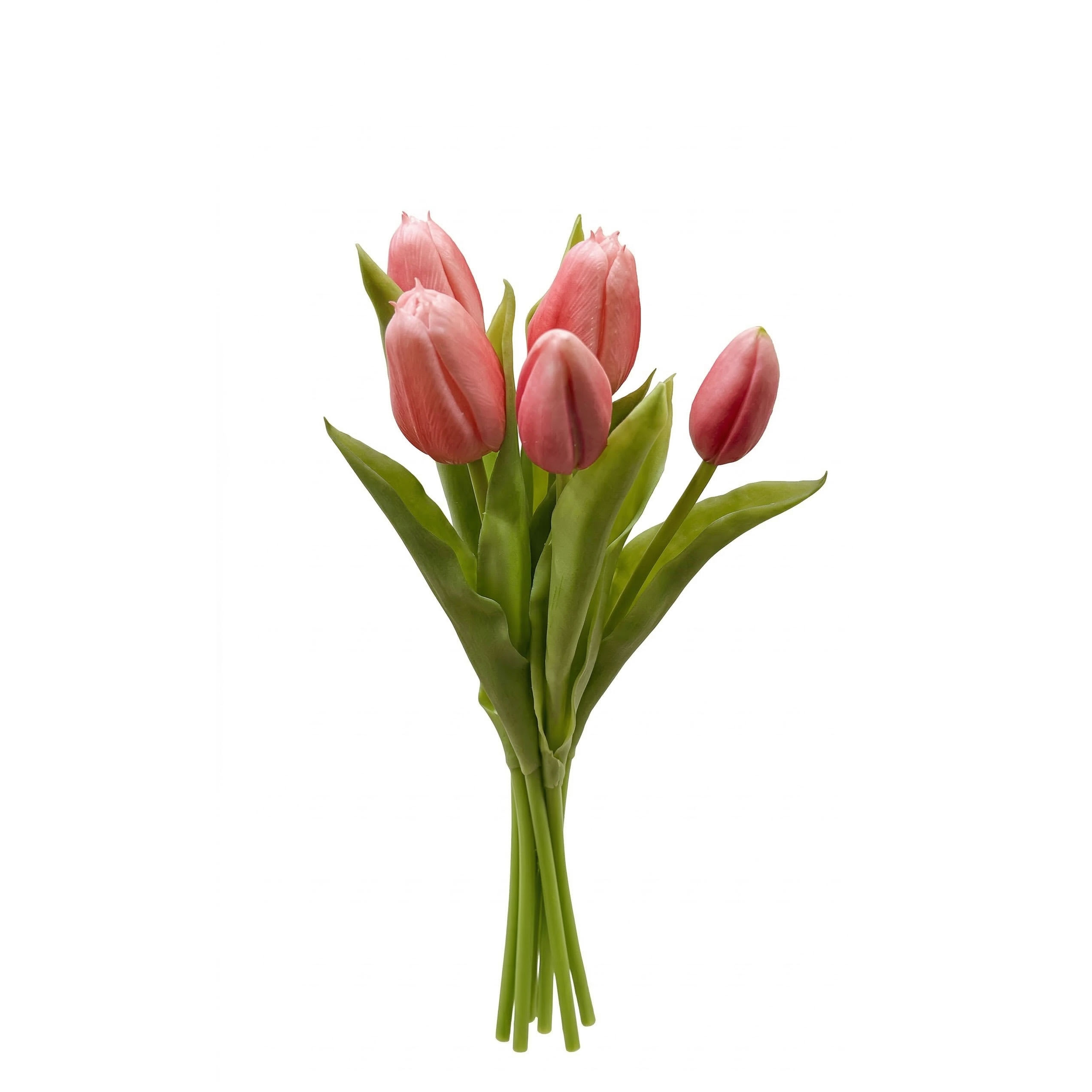 Bosje roze kunsttulpen van real touch materiaal met groene bladeren op witte achtergrond