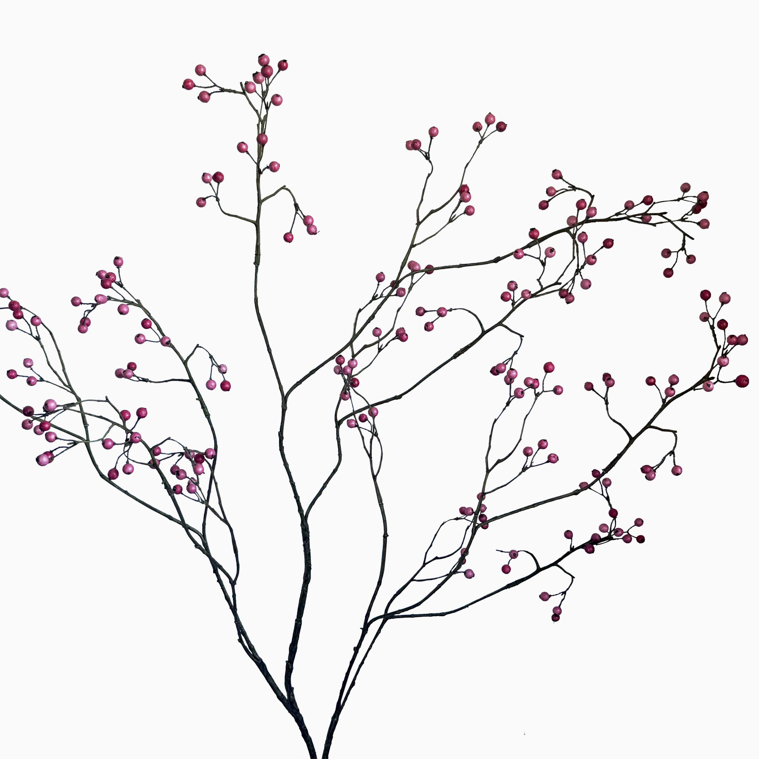 Detail van de Silk-ka Kunsttak bessentak FlowerDutchess met roze besjes op sierlijk vertakte donkere steel, 133cm hoog, natuurgetrouwe decoratieve tak tegen witte achtergrond